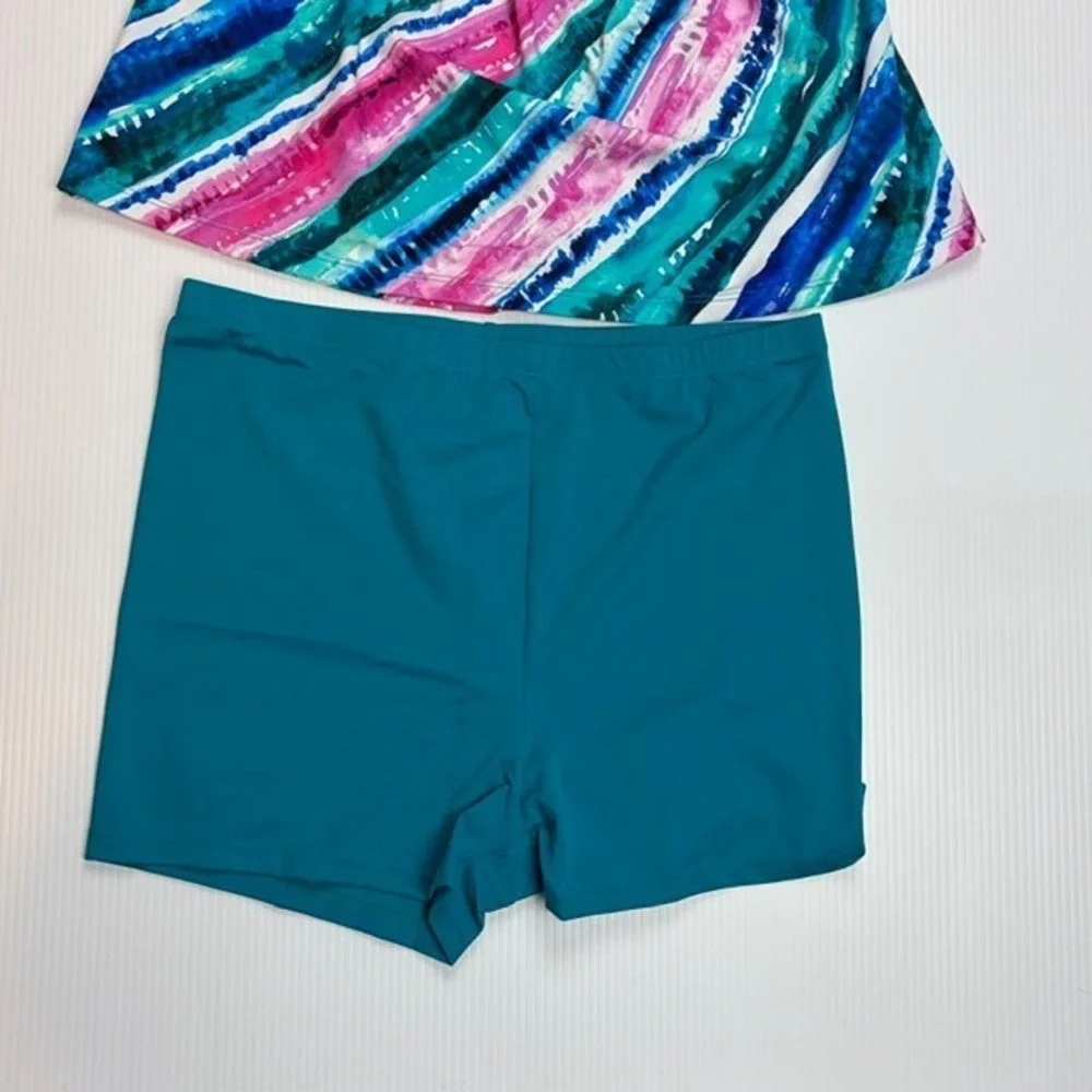 Kim Gravel x Swimsuits For All 2PC Tankini 12 Abstract Stripe‎ Swim Shorts Retro